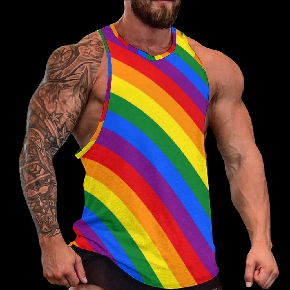 Pride Inspired Rainbow Tank Top Male Pride Flag Cool Top Gym Pattern Sleeveless - Picture 1 of 5